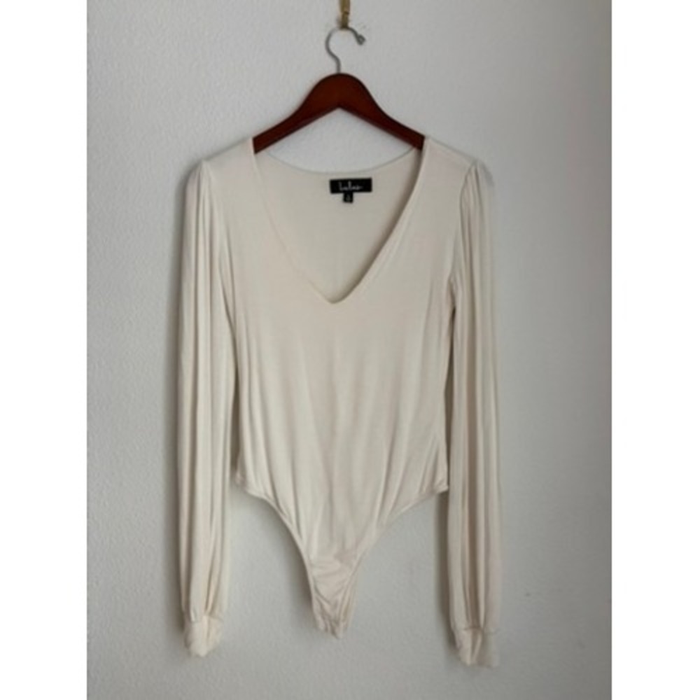 Lulus Womens Cream Long Puff Sleeve V-Neck Bodysuit Small Off White Top
